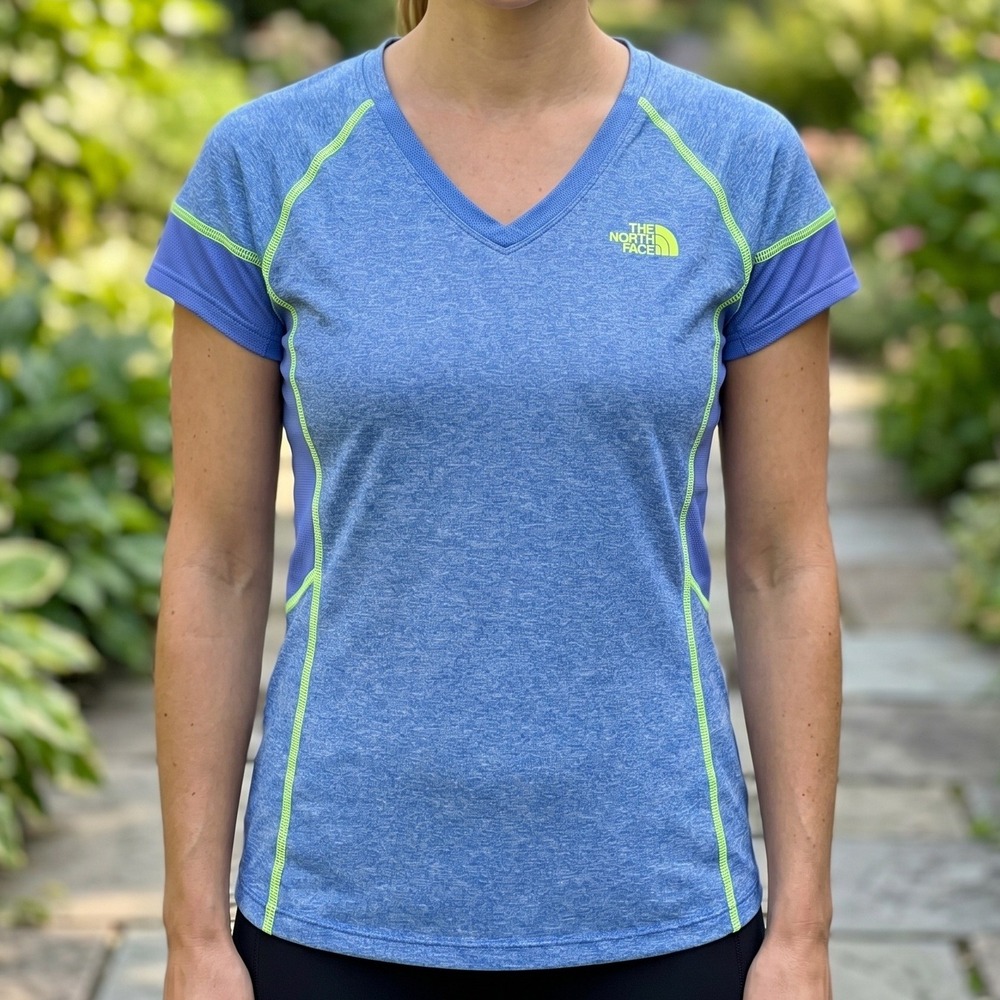 The North Face Womens FlashDry V-Neck Performance T-Shirt Blue Lime Green 5322